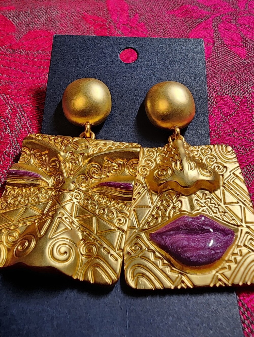 Wearable Art Tribal Embossed Asymmetrical Face Earrings. NEW.